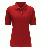 Female red short-sleeve polo shirt featuring a classic three-button placket and structured collar, built for sharp utility and understated style — by MAK Boots & Garments.
