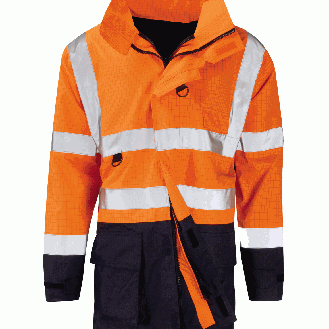High-visibility orange and navy waterproof safety jacket with reflective strips, designed for industrial and construction workers. Durable and weather-resistant workwear by MAK Boots & Garments