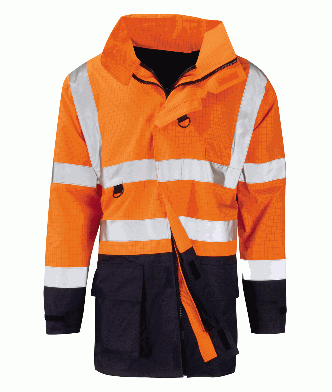 High-visibility orange and navy waterproof safety jacket with reflective strips, designed for industrial and construction workers. Durable and weather-resistant workwear by MAK Boots & Garments