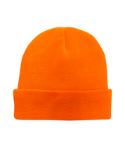 Fluorescent orange high-visibility beanie with a fold-over cuff, designed for warmth and enhanced visibility in low-light conditions.
by MAK Boots & Garments