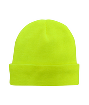 Fluorescent yellow high-visibility beanie with a fold-over cuff, designed for warmth and enhanced visibility in low-light conditions.
by MAK Boots & Garments