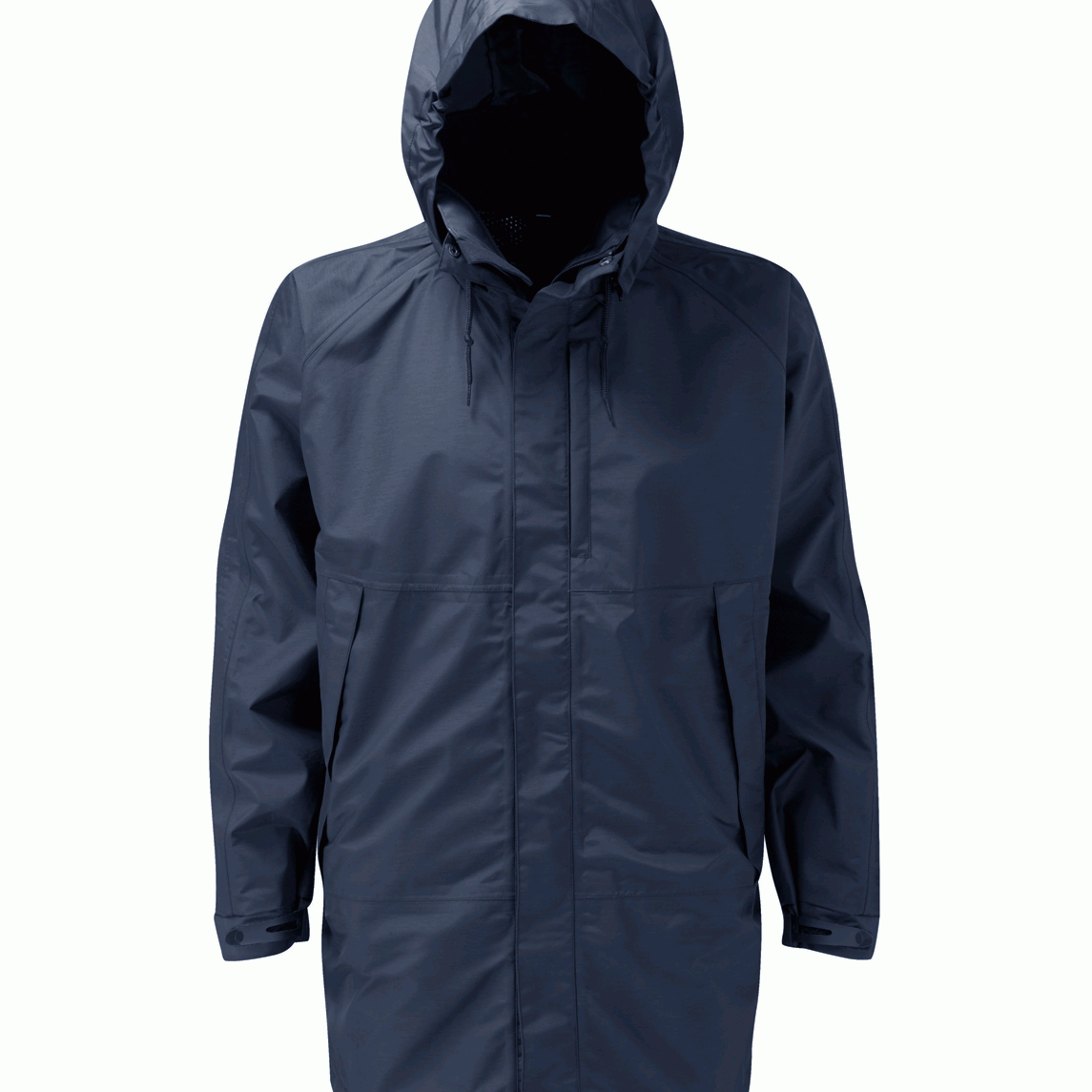 Gore Tex Navy blue waterproof parka with an adjustable hood, front storm flap, and large flap pockets. Lightweight and protective for wet, windy conditions.