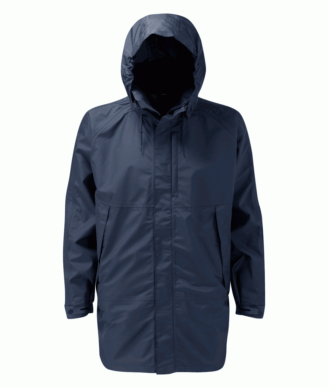 Gore Tex Navy blue waterproof parka with an adjustable hood, front storm flap, and large flap pockets. Lightweight and protective for wet, windy conditions.