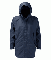 Gore Tex Navy blue waterproof parka with an adjustable hood, front storm flap, and large flap pockets. Lightweight and protective for wet, windy conditions.