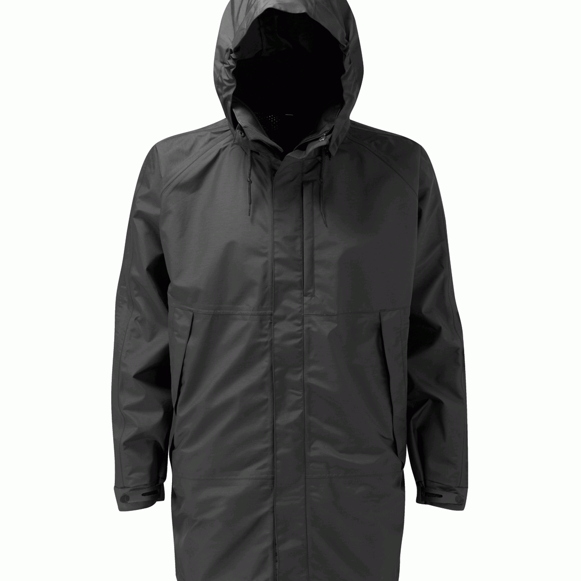 Gore Tex Black waterproof parka jacket with hood and storm flap, designed for rain protection. Durable, wind-resistant, and ideal for harsh outdoor conditions.