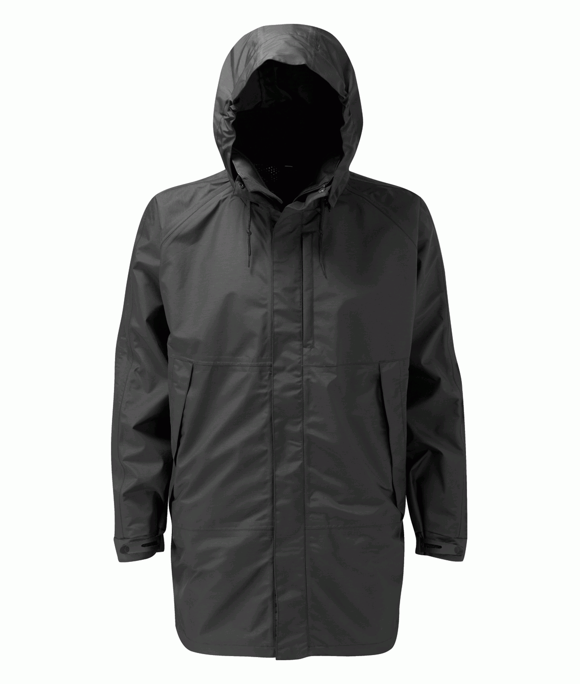 Gore Tex Black waterproof parka jacket with hood and storm flap, designed for rain protection. Durable, wind-resistant, and ideal for harsh outdoor conditions.