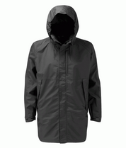 Gore Tex Black waterproof parka jacket with hood and storm flap, designed for rain protection. Durable, wind-resistant, and ideal for harsh outdoor conditions.