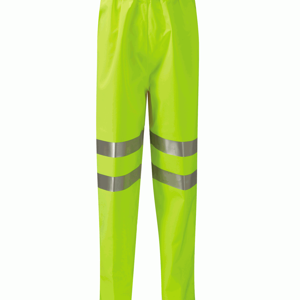 Fluorescent yellow waterproof overtrousers with an elasticated waistband and dual reflective bands on each leg, designed for high visibility and protection in hazardous environments.