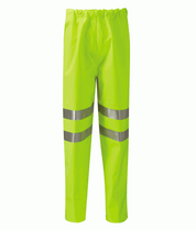 Fluorescent yellow waterproof overtrousers with an elasticated waistband and dual reflective bands on each leg, designed for high visibility and protection in hazardous environments.
