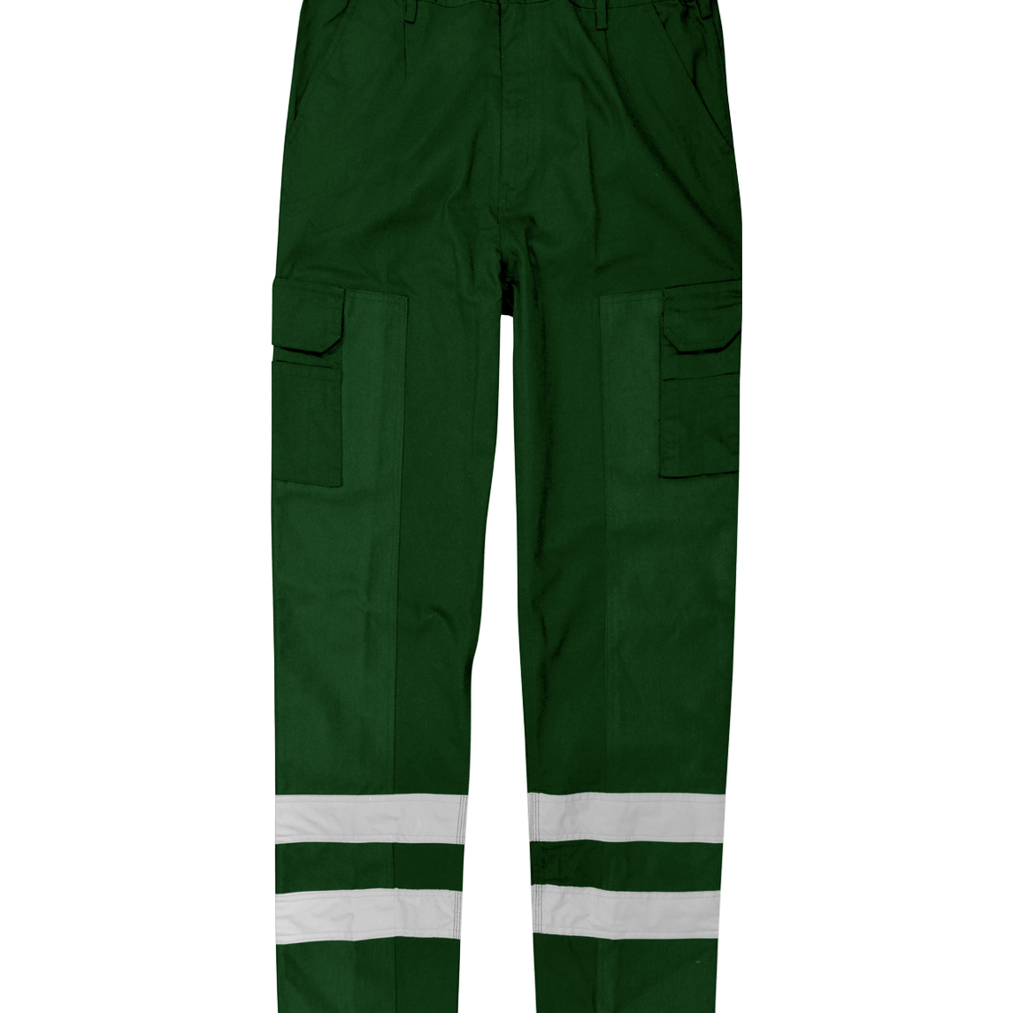 Green cargo work pants featuring dual thigh pockets, belt loops, and two bands of silver reflective striping around each lower leg for enhanced low-light visibility and tactical functionality by MAK Boots & Garments.