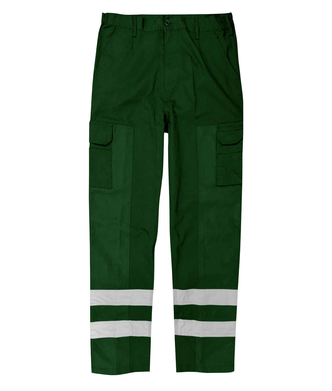 Green cargo work pants featuring dual thigh pockets, belt loops, and two bands of silver reflective striping around each lower leg for enhanced low-light visibility and tactical functionality by MAK Boots & Garments.
