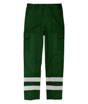 Green cargo work pants featuring dual thigh pockets, belt loops, and two bands of silver reflective striping around each lower leg for enhanced low-light visibility and tactical functionality by MAK Boots & Garments.