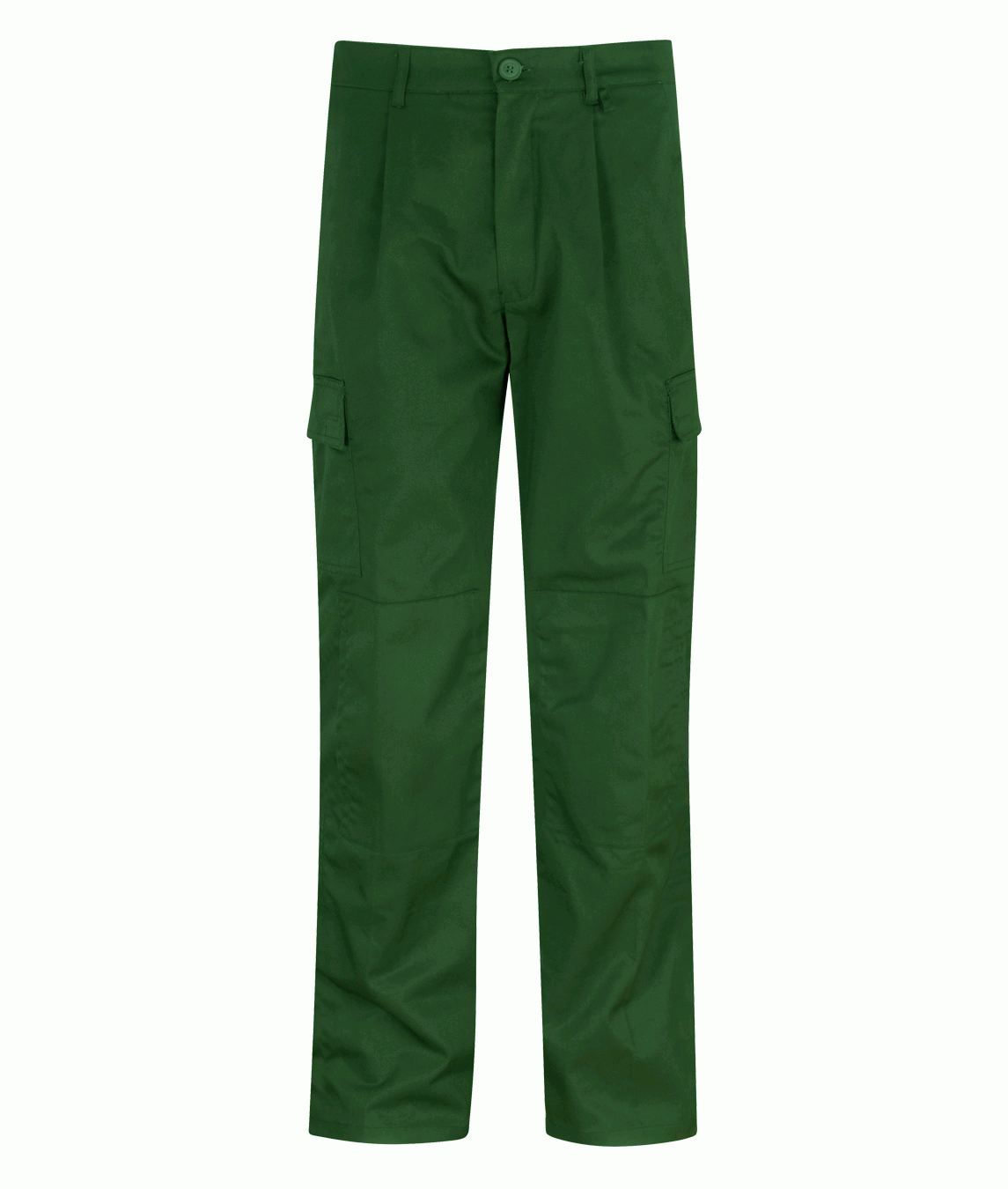 Green tactical trousers with a straight-leg cut, button closure, belt loops, and dual cargo pockets on each thigh, built for utility, movement, and everyday durability by MAK Boots & Garments.