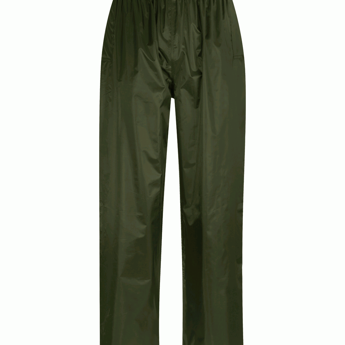 Green waterproof overtrousers with a lightweight, minimalist design, elastic waistband, and straight-leg cut built for layering and wet-weather mobility — by MAK Boots & Garments.