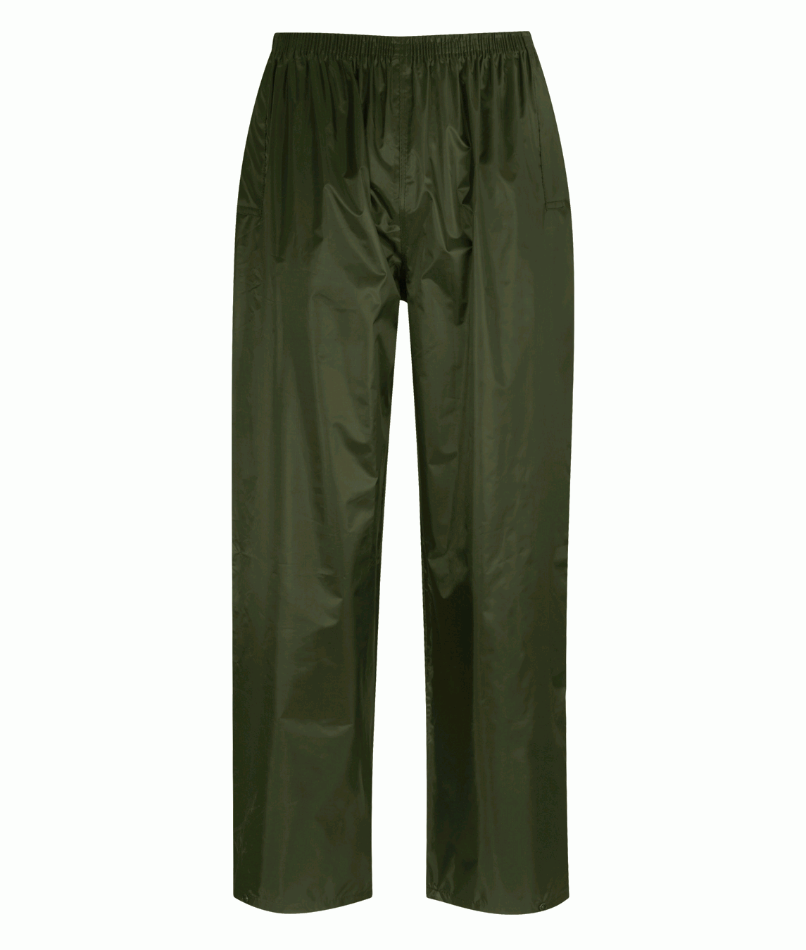 Green waterproof overtrousers with a lightweight, minimalist design, elastic waistband, and straight-leg cut built for layering and wet-weather mobility — by MAK Boots & Garments.