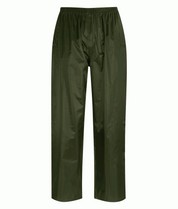 Green waterproof overtrousers with a lightweight, minimalist design, elastic waistband, and straight-leg cut built for layering and wet-weather mobility — by MAK Boots & Garments.