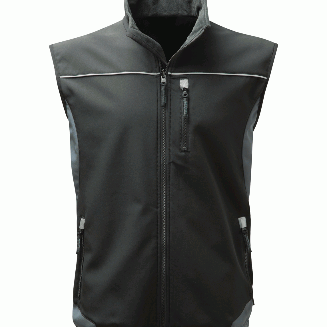 Grey softshell work vest with reflective piping and zippered pockets, designed for durability and comfort in industrial and outdoor work environments. High-quality workwear by MAK Boots & Garments