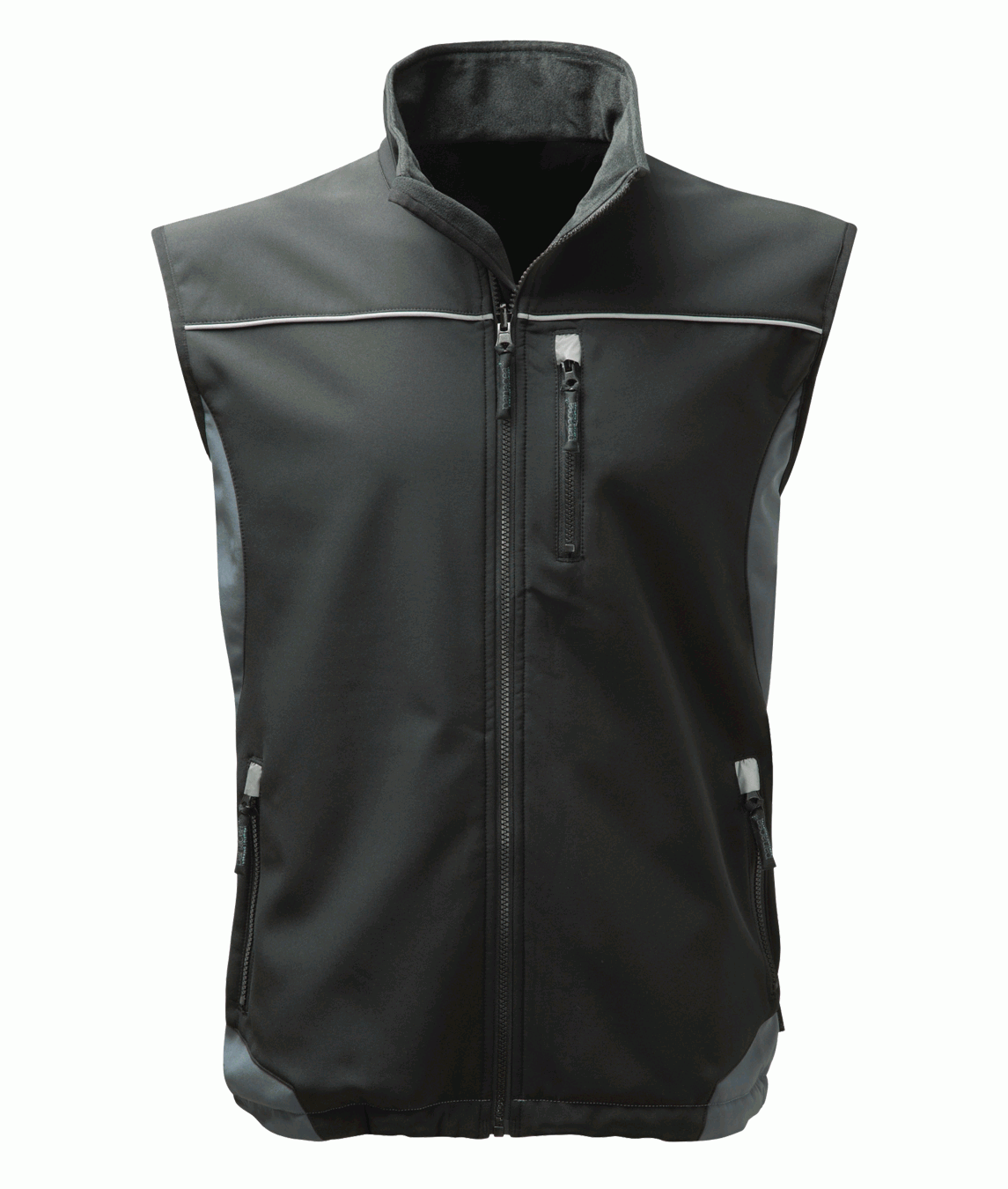Grey softshell work vest with reflective piping and zippered pockets, designed for durability and comfort in industrial and outdoor work environments. High-quality workwear by MAK Boots & Garments
