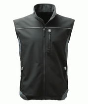 Grey softshell work vest with reflective piping and zippered pockets, designed for durability and comfort in industrial and outdoor work environments. High-quality workwear by MAK Boots & Garments