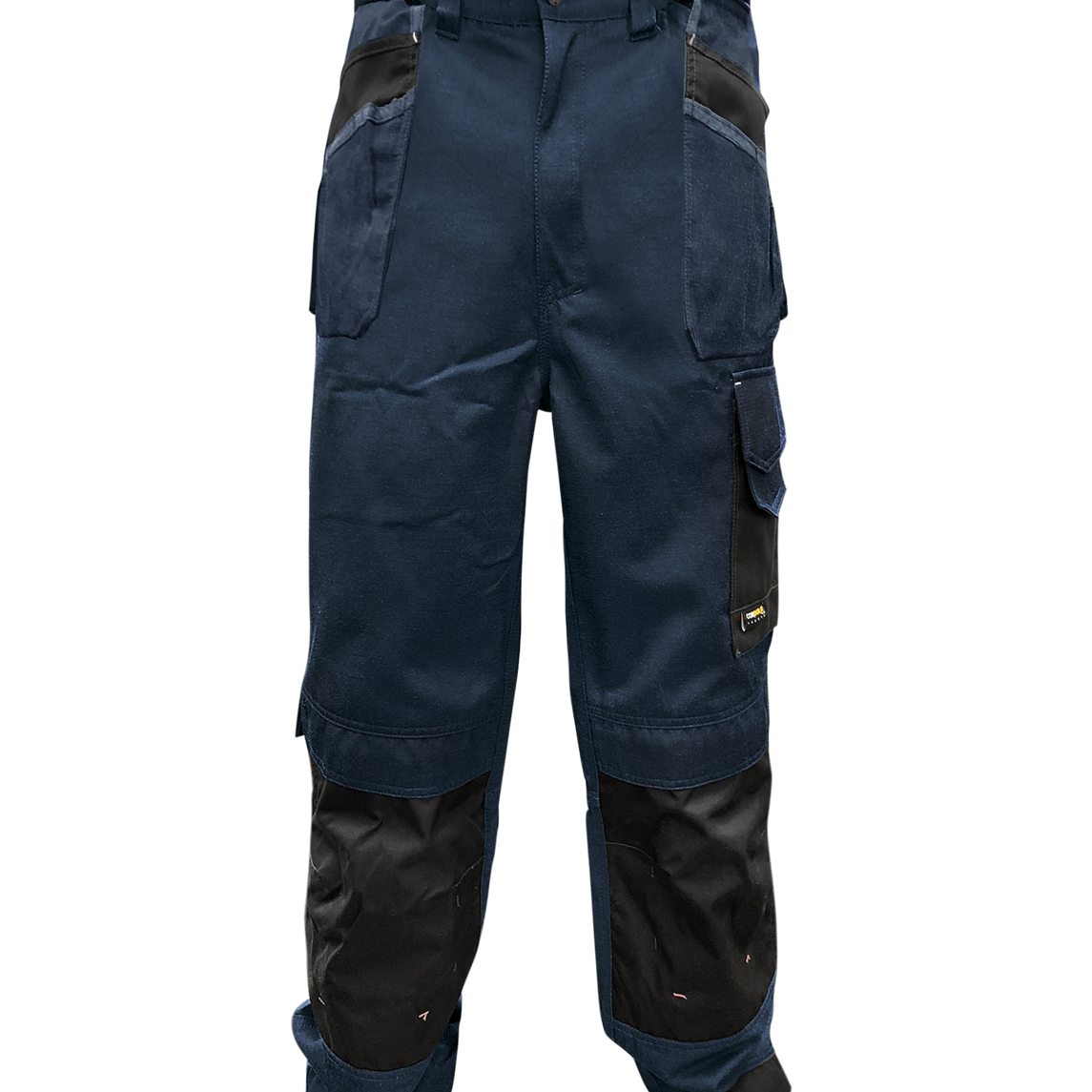 Heavy-duty two-tone utility trousers in navy and black, featuring reinforced knee panels, multiple cargo and tool pockets, belt loops, and contrast detailing built for tactical function and rugged durability by MAK Boots & Garments.