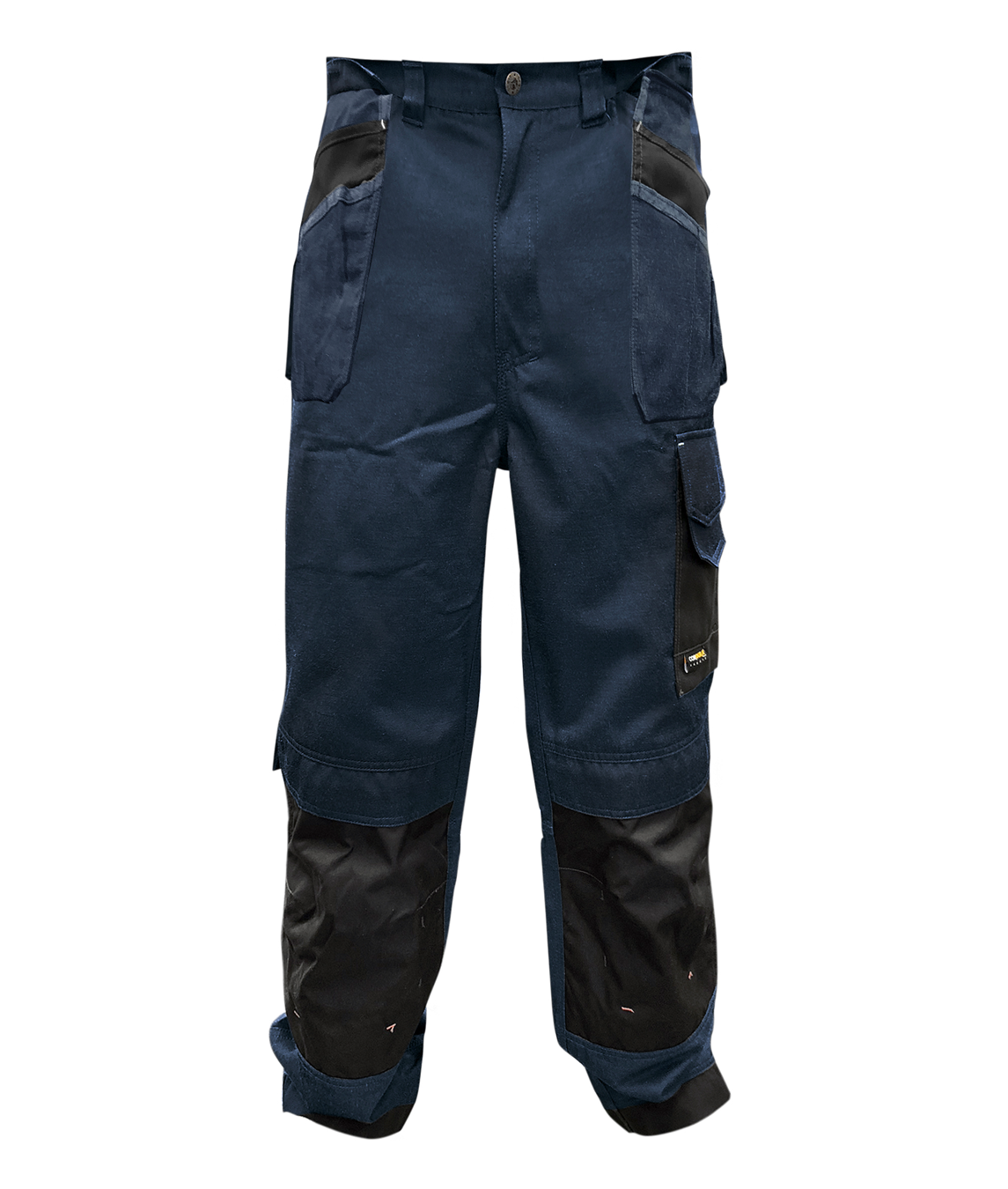 Heavy-duty two-tone utility trousers in navy and black, featuring reinforced knee panels, multiple cargo and tool pockets, belt loops, and contrast detailing built for tactical function and rugged durability by MAK Boots & Garments.