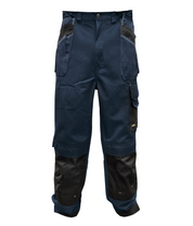 Heavy-duty two-tone utility trousers in navy and black, featuring reinforced knee panels, multiple cargo and tool pockets, belt loops, and contrast detailing built for tactical function and rugged durability by MAK Boots & Garments.