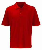 Red short-sleeve polo shirt featuring a classic three-button placket and structured collar, built for sharp utility and understated style by MAK Boots & Garments.