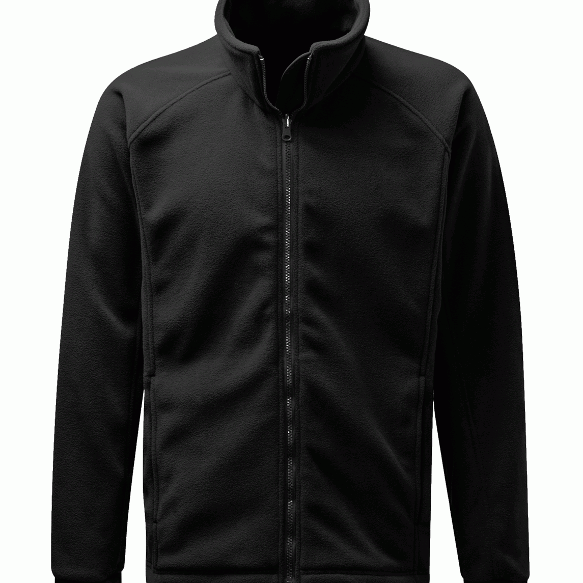 Black full-zip fleece jacket with high collar, minimalist stitching, and a clean silhouette designed for warmth, comfort, and layering flexibility in cold environments