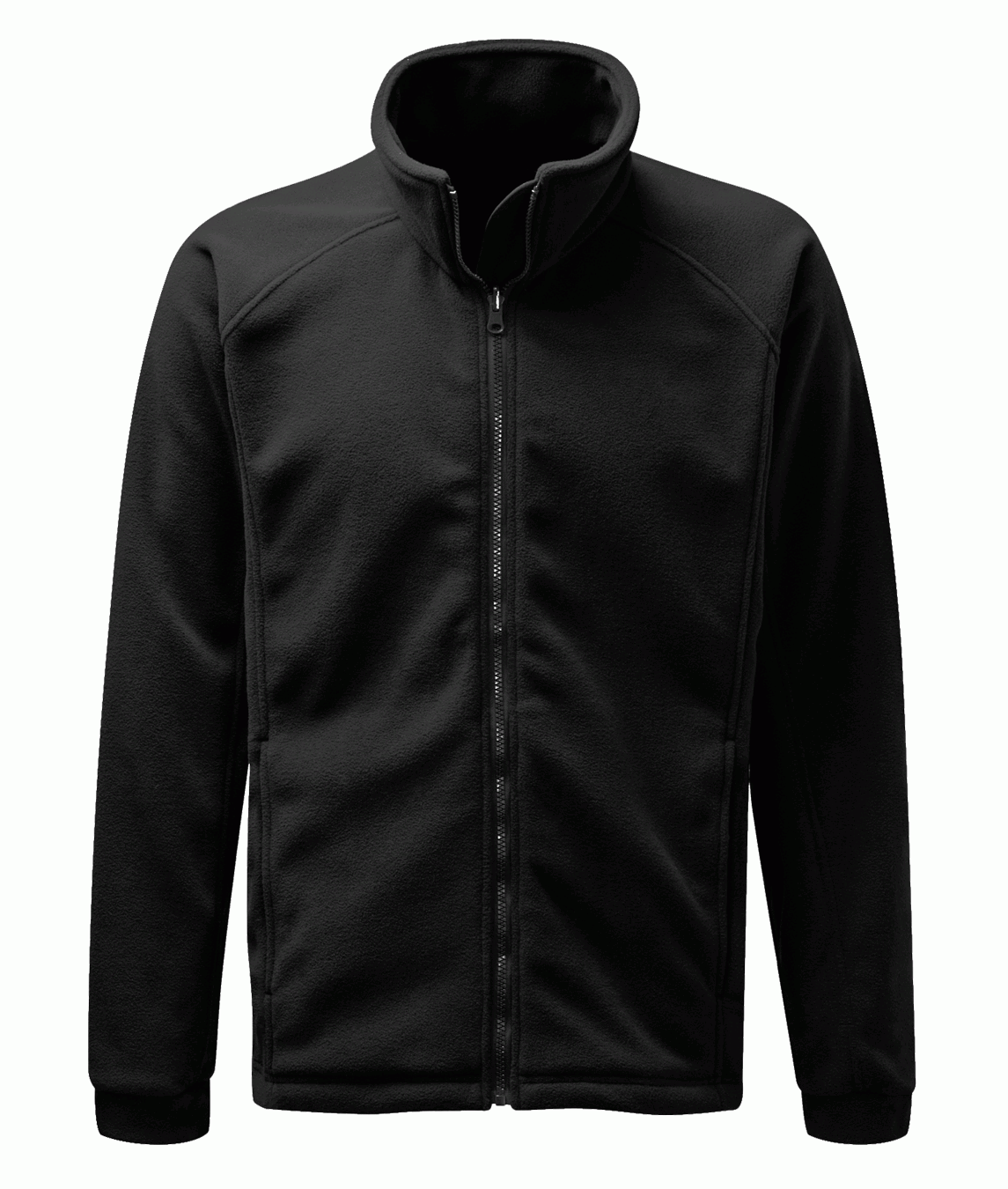 Black full-zip fleece jacket with high collar, minimalist stitching, and a clean silhouette designed for warmth, comfort, and layering flexibility in cold environments