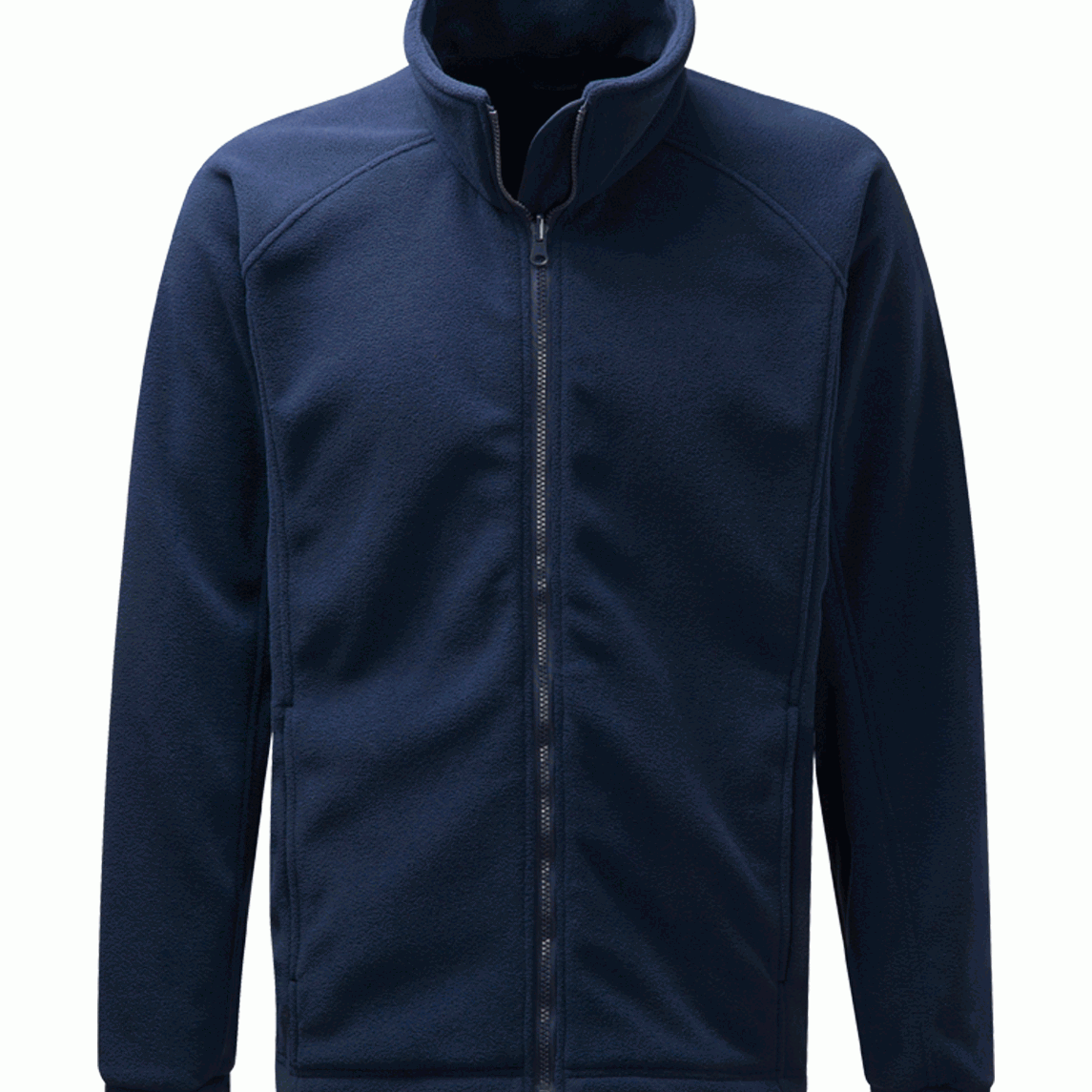 Heavy navy blue full-zip fleece jacket with high collar, minimalist stitching, and a clean silhouette designed for warmth, comfort, and layering flexibility in cold environments