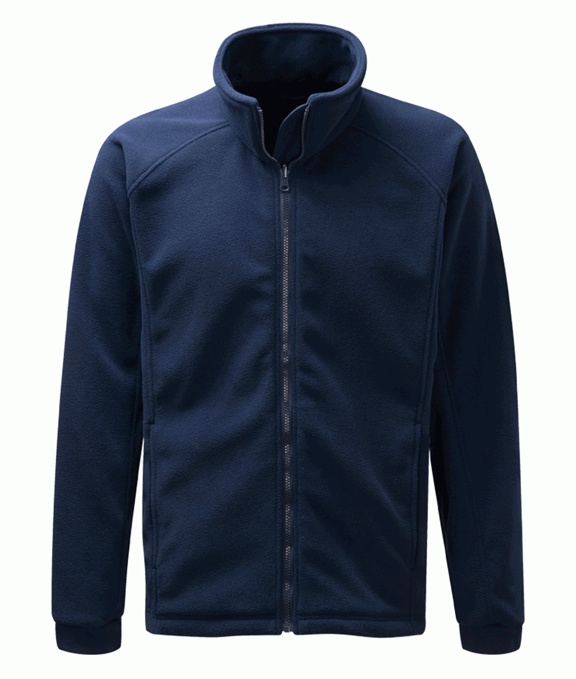 Heavy navy blue full-zip fleece jacket with high collar, minimalist stitching, and a clean silhouette designed for warmth, comfort, and layering flexibility in cold environments
