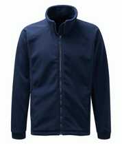 Heavy navy blue full-zip fleece jacket with high collar, minimalist stitching, and a clean silhouette designed for warmth, comfort, and layering flexibility in cold environments