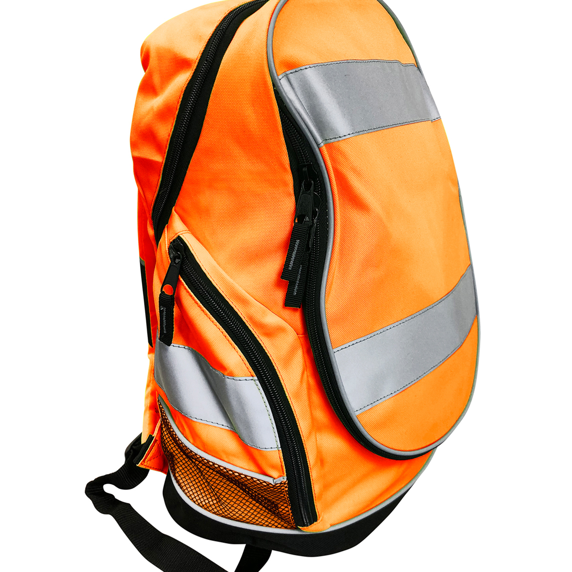 Hi-vis orange backpack with reflective strips, multiple zip compartments, and adjustable shoulder straps. Designed for visibility and utility in work or outdoor environments. By MAK Boots & Garments.