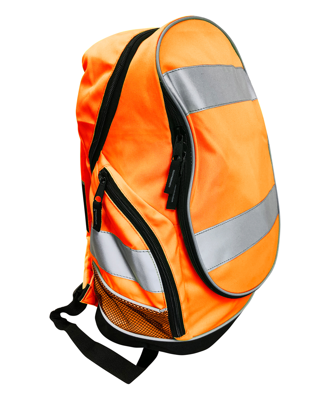 Hi-vis orange backpack with reflective strips, multiple zip compartments, and adjustable shoulder straps. Designed for visibility and utility in work or outdoor environments. By MAK Boots & Garments.