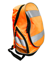 Hi-vis orange backpack with reflective strips, multiple zip compartments, and adjustable shoulder straps. Designed for visibility and utility in work or outdoor environments. By MAK Boots & Garments.