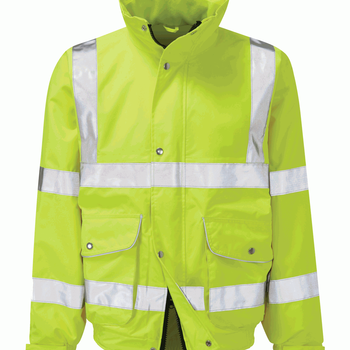 High-visibility lime green safety jacket with reflective silver striping across the chest, arms, and shoulders, featuring front pockets with snap-button flaps and a high collar for added protection by MAK Boots & Garments.