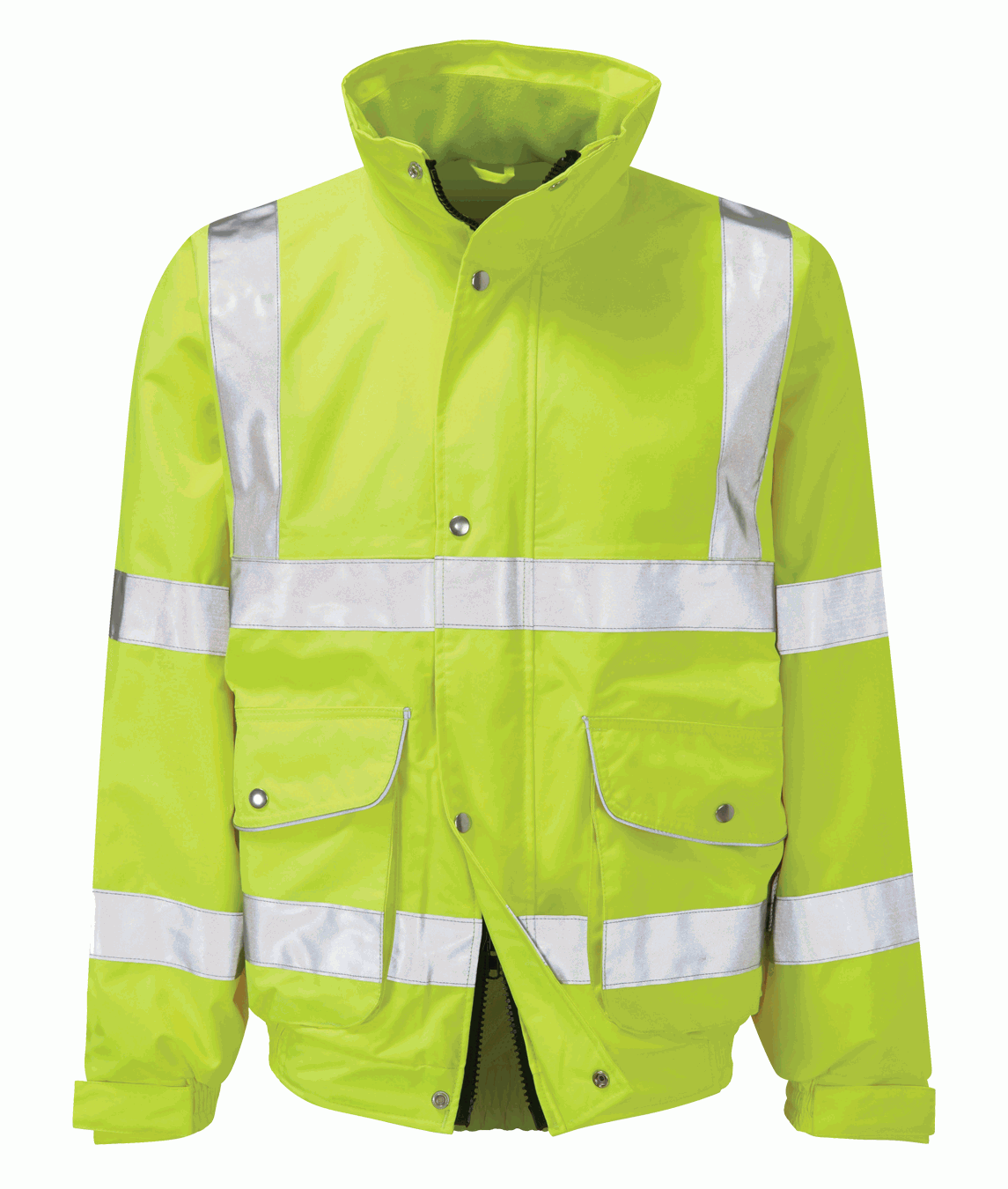 High-visibility lime green safety jacket with reflective silver striping across the chest, arms, and shoulders, featuring front pockets with snap-button flaps and a high collar for added protection by MAK Boots & Garments.