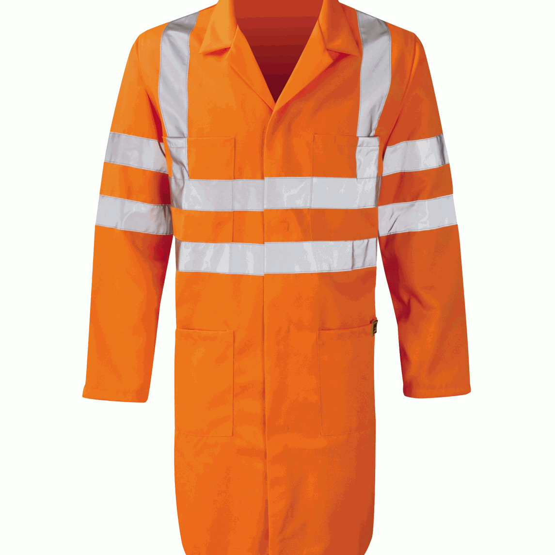 Hi-vis orange long coat with button front, two chest pockets, two large waist pockets, and silver reflective tape across the torso and sleeves.
by MAK Boots & Garments