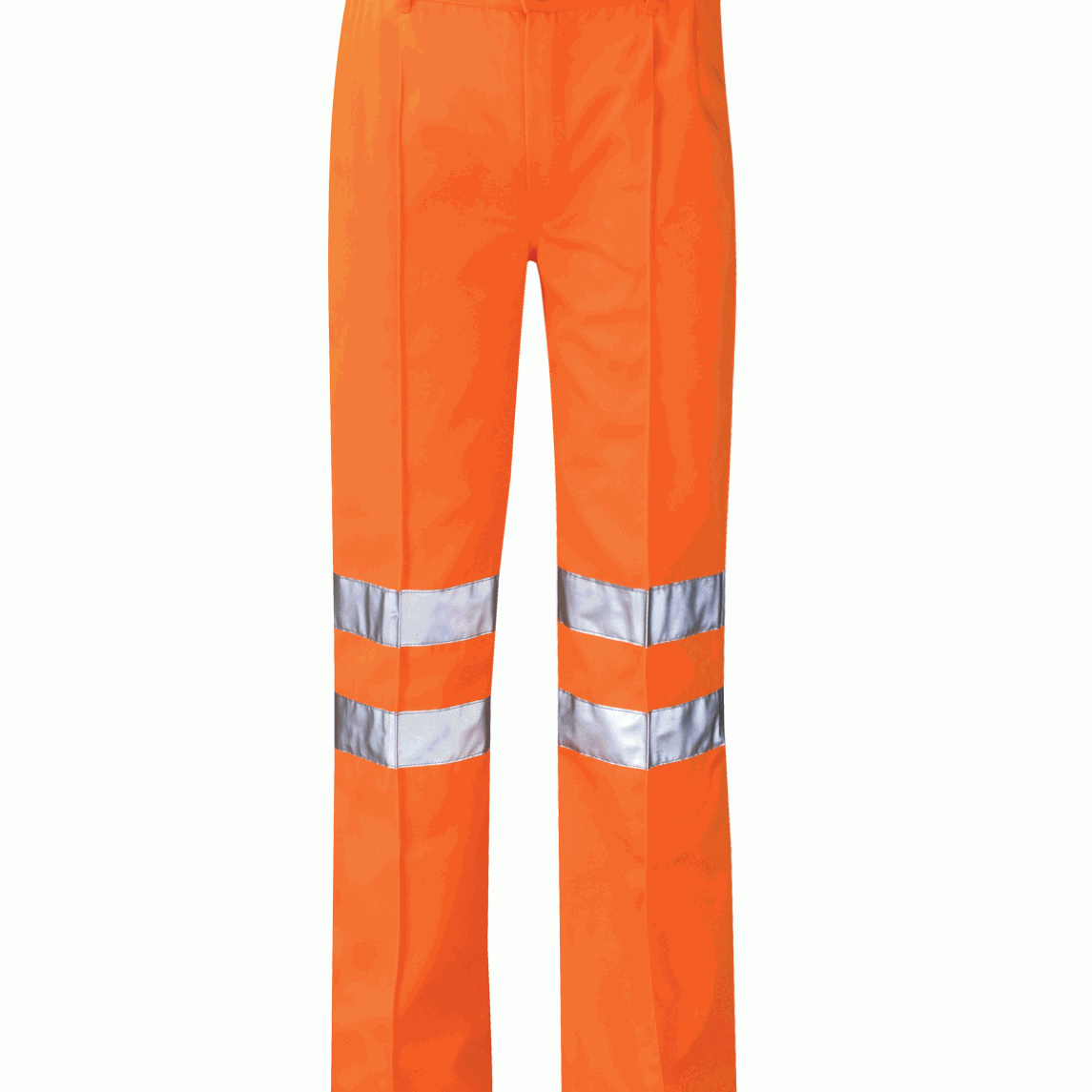 Hi-vis orange trousers with an elastic waistband and dual silver reflective bands encircling each lower leg for enhanced visibility.
by MAK Boots & Garments