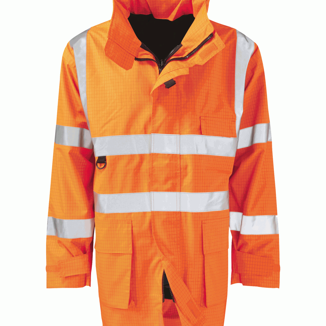 Hi-vis orange utility jacket with grid texture, high collar, zip front with storm flap, multiple front pockets, D-ring attachment, and silver reflective tape on chest, back, and arms.
by MAK Boots & Garments