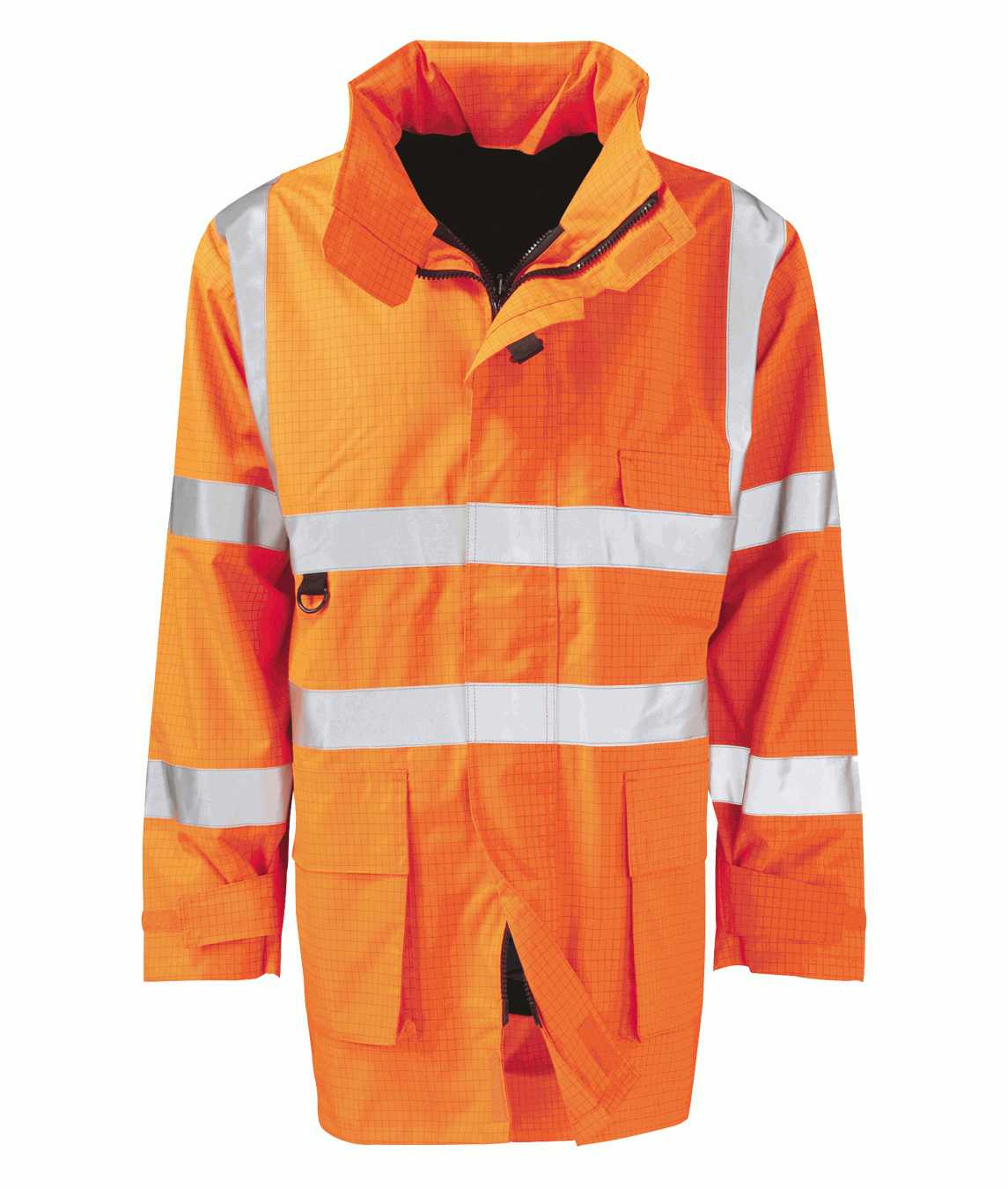 Hi-vis orange utility jacket with grid texture, high collar, zip front with storm flap, multiple front pockets, D-ring attachment, and silver reflective tape on chest, back, and arms.
by MAK Boots & Garments