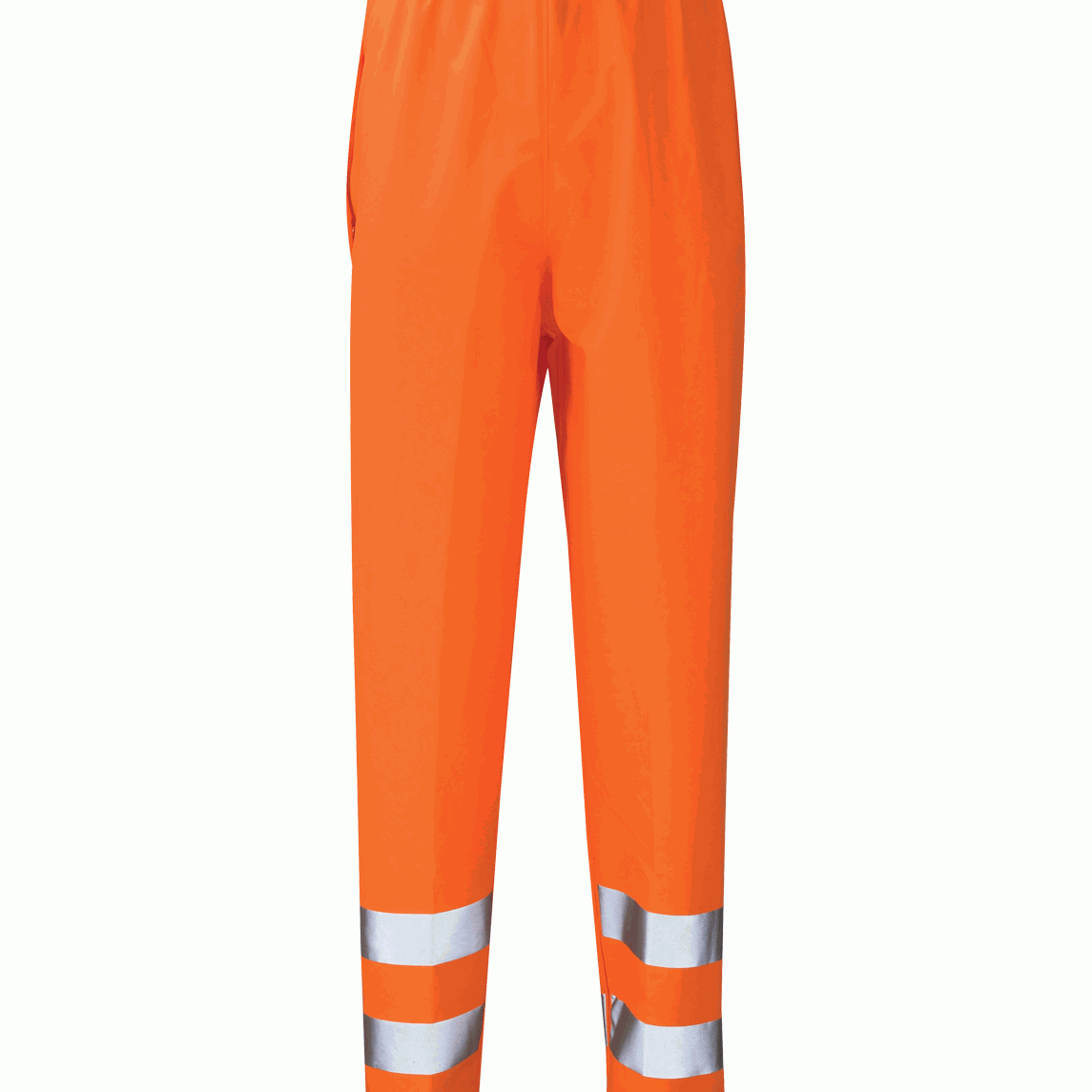 Hi-vis orange waterproof trousers with elasticated waistband and two bands of silver reflective tape around each lower leg by MAK Boots & Garments