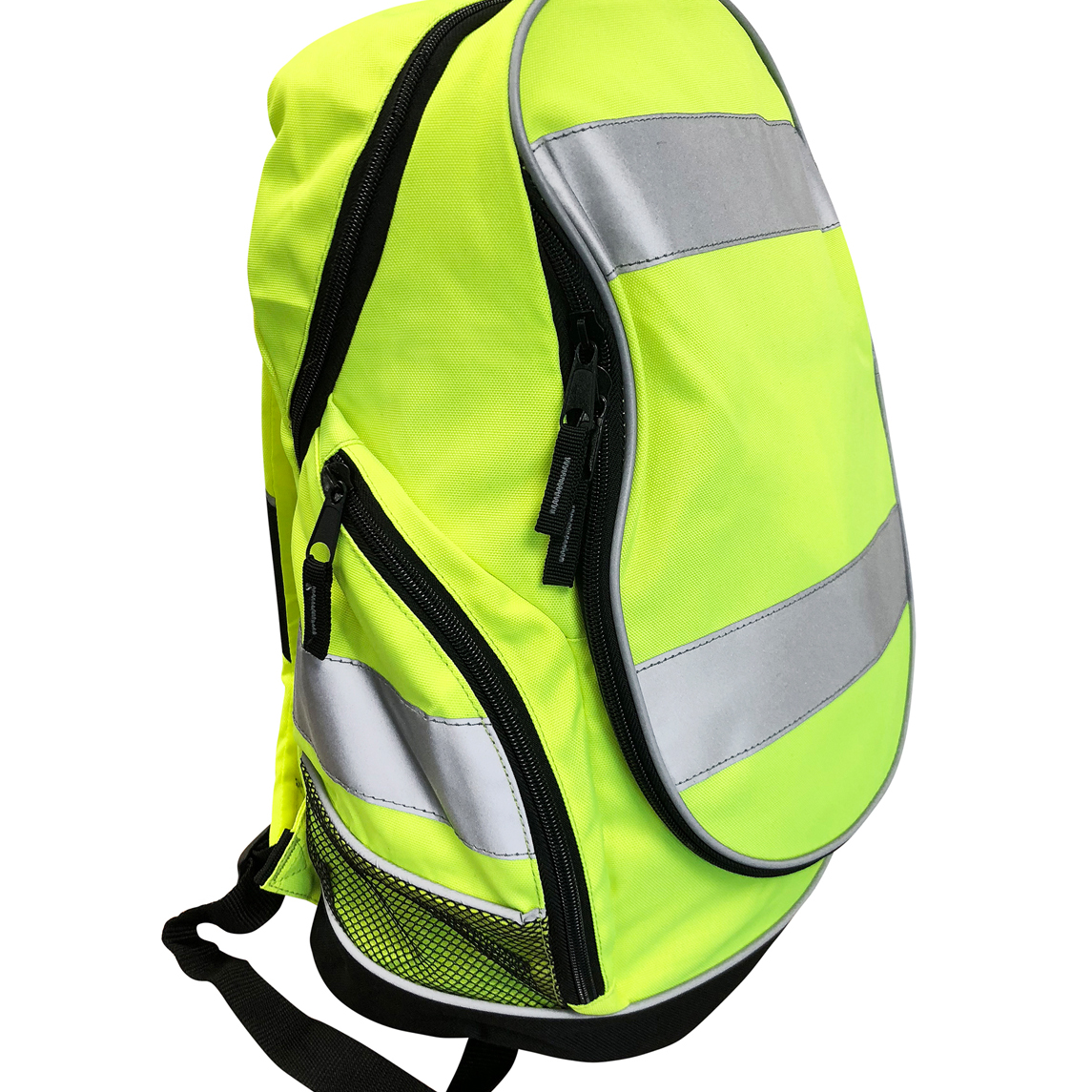 Hi-vis yellow backpack with reflective strips, multiple zip compartments, and adjustable shoulder straps. Designed for visibility and utility in work or outdoor environments. By MAK Boots & Garments.