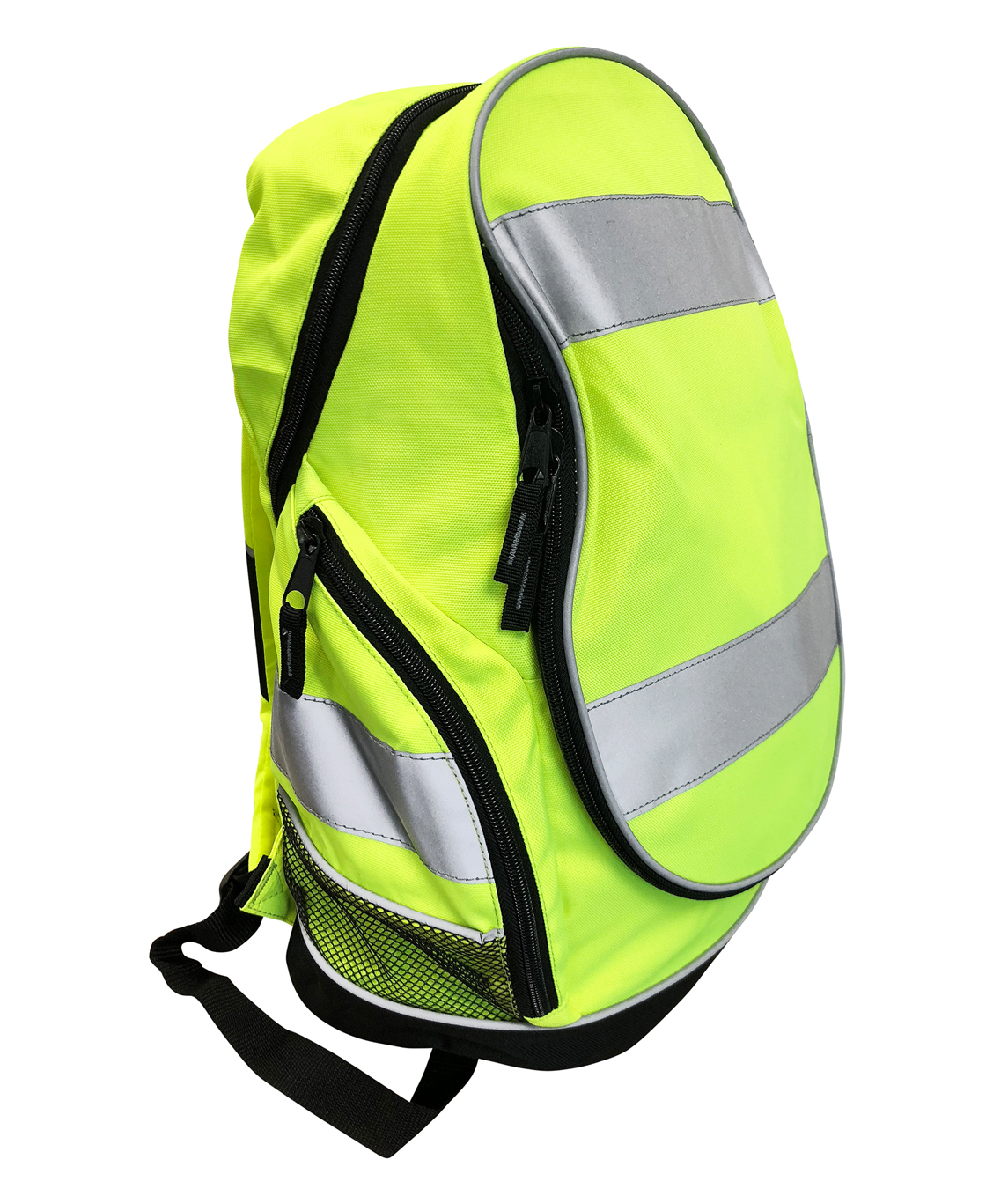 Hi-vis yellow backpack with reflective strips, multiple zip compartments, and adjustable shoulder straps. Designed for visibility and utility in work or outdoor environments. By MAK Boots & Garments.