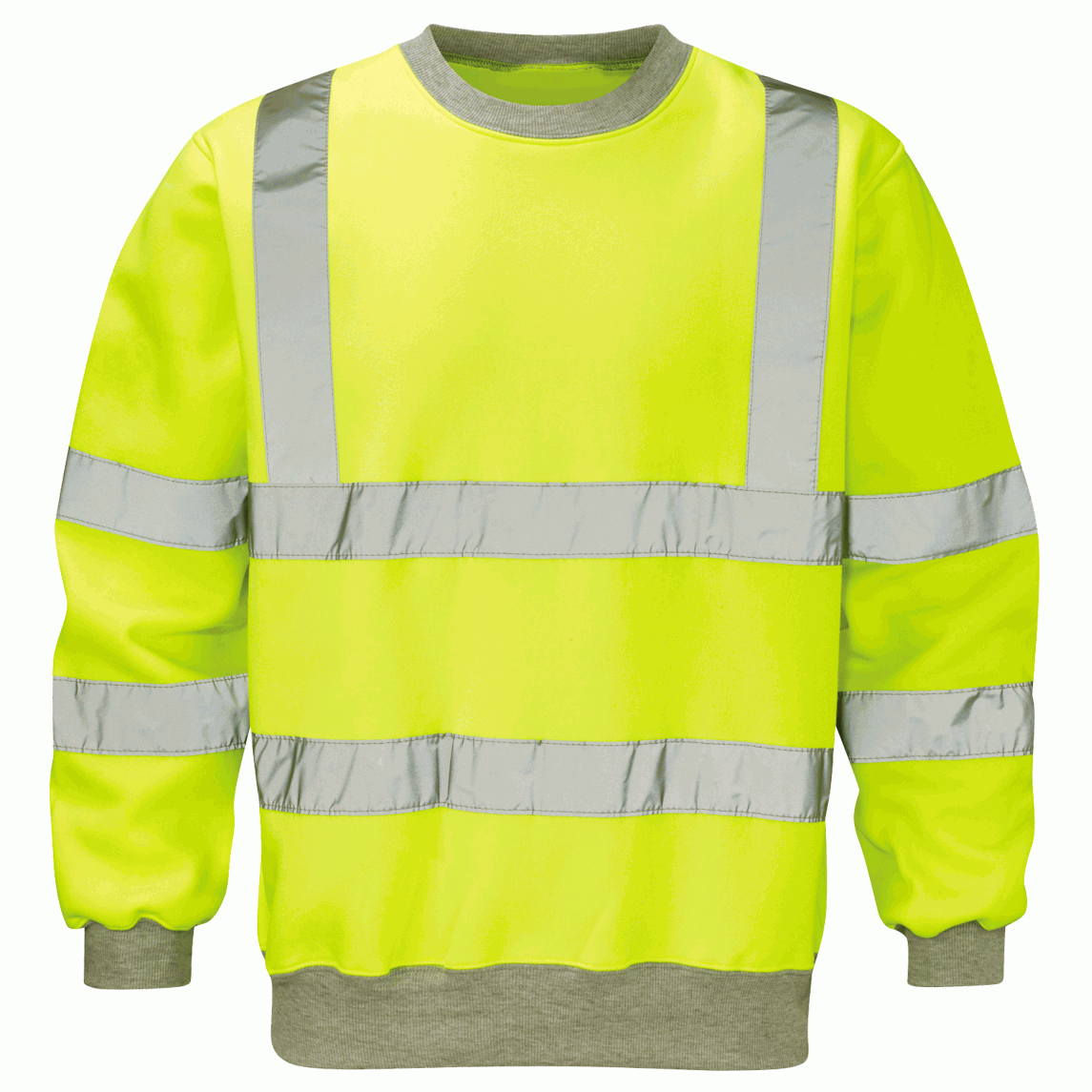 Hi-vis yellow crewneck sweatshirt with grey collar, cuffs, and hem features dual horizontal and vertical reflective tape for enhanced visibility by MAK Boots & Garments.