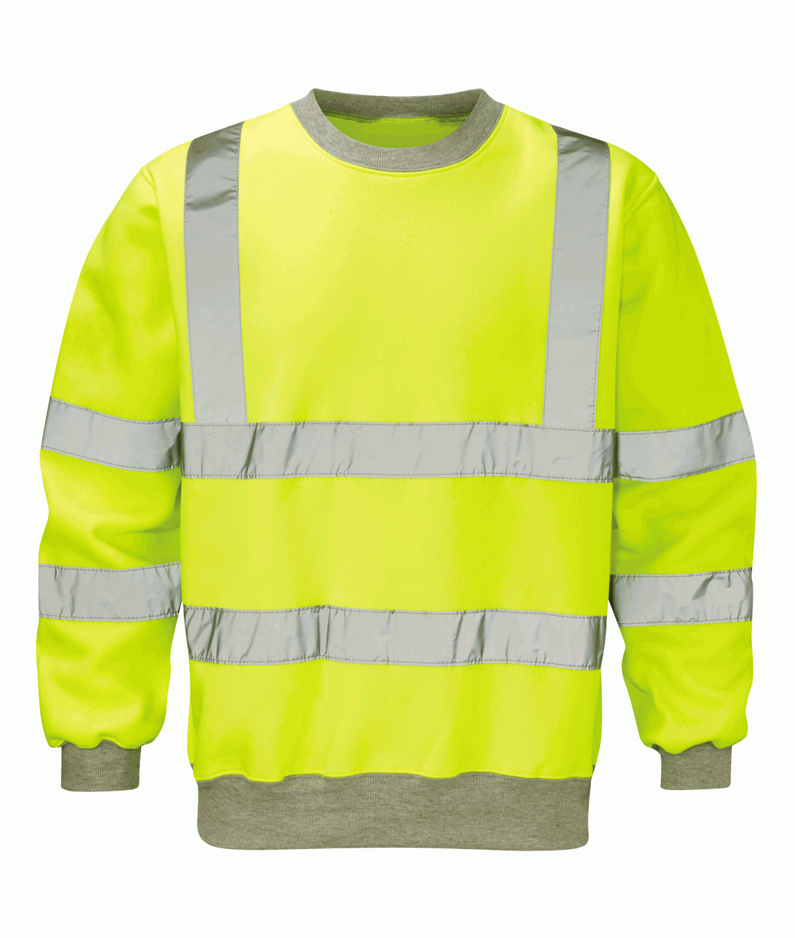 Hi-vis yellow crewneck sweatshirt with grey collar, cuffs, and hem features dual horizontal and vertical reflective tape for enhanced visibility by MAK Boots & Garments.
