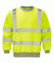 Hi-vis yellow crewneck sweatshirt with grey collar, cuffs, and hem features dual horizontal and vertical reflective tape for enhanced visibility by MAK Boots & Garments.