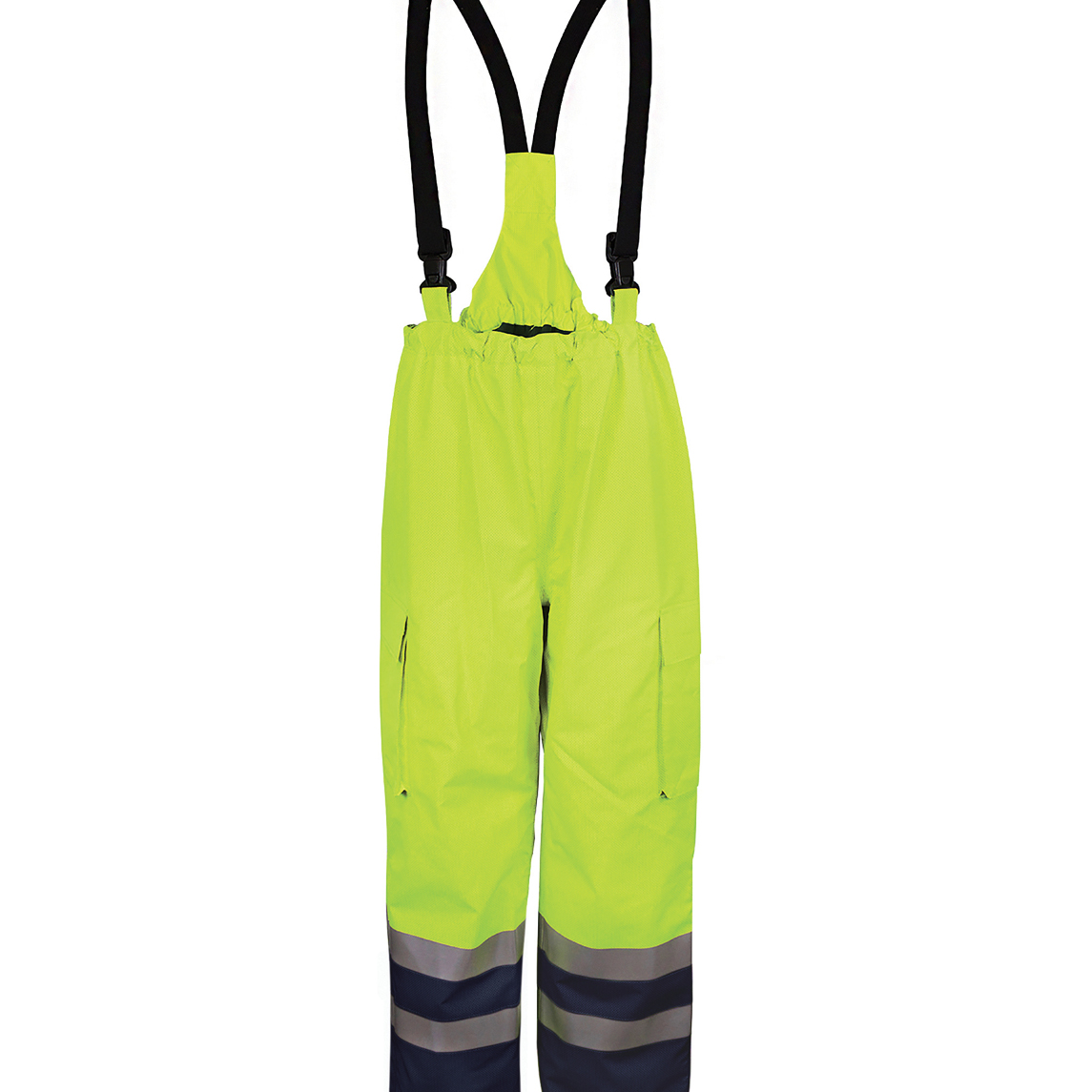 Hi-vis yellow waterproof bib and brace trousers with reflective tape and black adjustable suspenders. Built for high-visibility and wet weather protection on industrial worksites. By MAK Boots & Garments.
