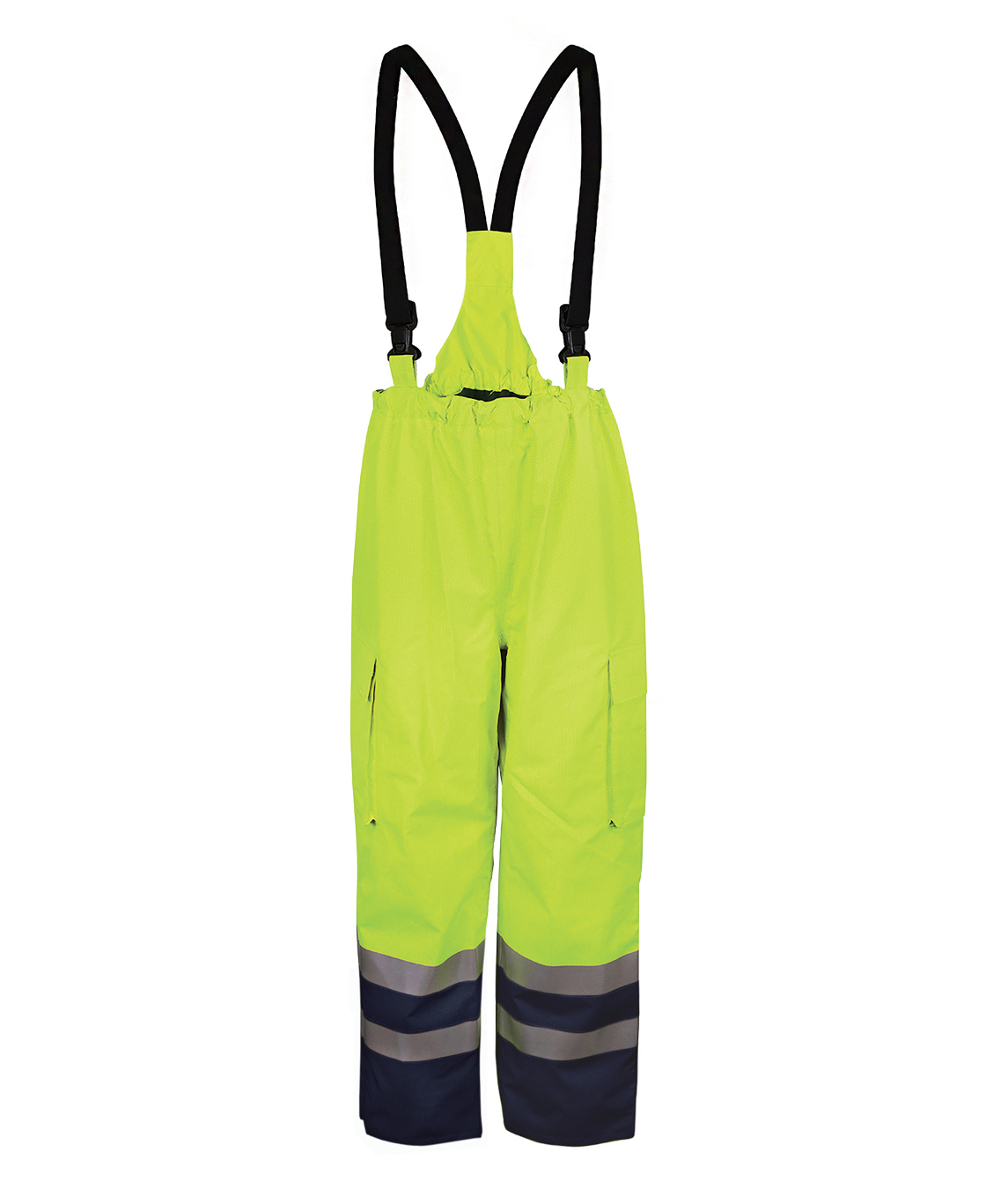 Hi-vis yellow waterproof bib and brace trousers with reflective tape and black adjustable suspenders. Built for high-visibility and wet weather protection on industrial worksites. By MAK Boots & Garments.