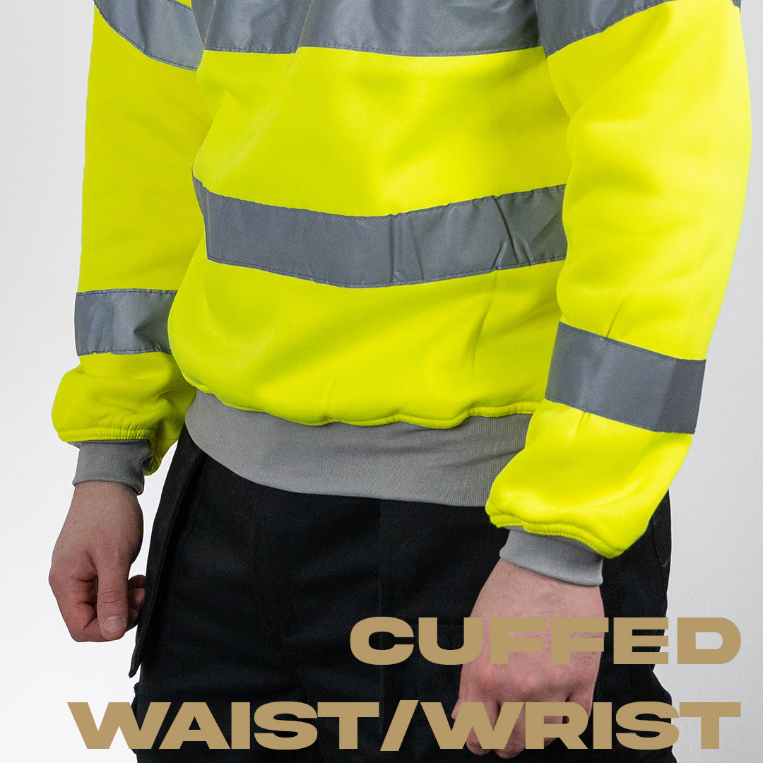 yellow hi vis jumper with cuffed wrists and waist